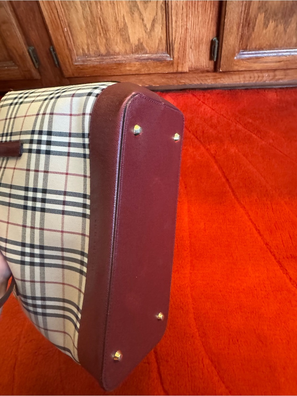 Burberry Beige Nova Check Tote with Burgundy Trim and Gold Hardware - Picture 9 of 14